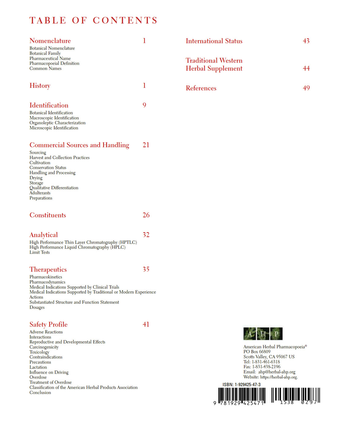 Devil's Clib monograph table of contents